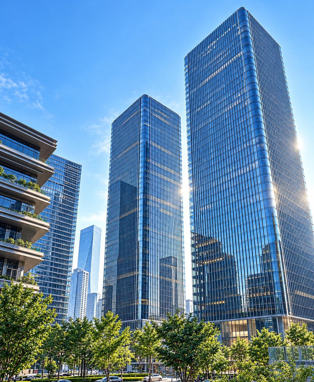 Modern Glass Towers Over a Green Plaza