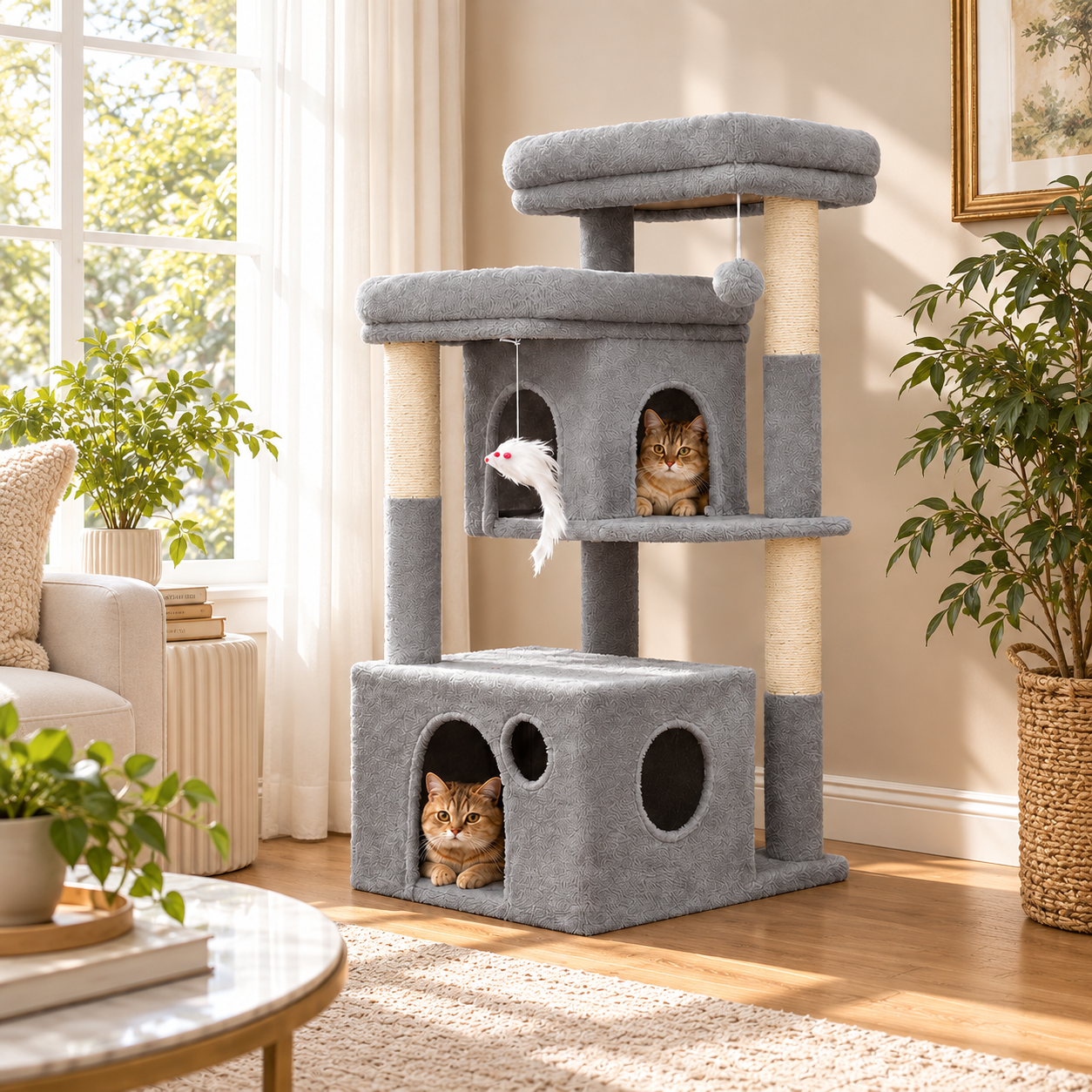 Sunlit Living Room Cat Tree Duo